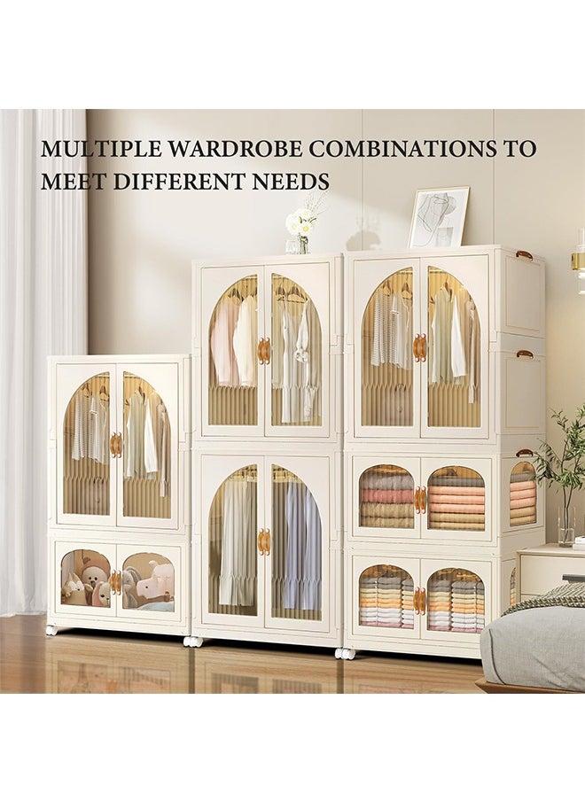 CityRiya-Long Kids Wardrobe Baby Closet Storage Organizer Portable Children Clothes Cabinet Storage Rack Toddler Dresser with Hanging Rod and Wheels for Boys Girls Clothing Nursery Armoire White  - Image 3