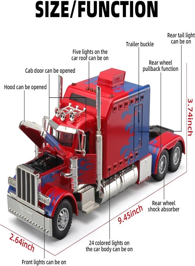 FEXXA 1:24 Scale Heavy Tow Truck to Die-Cast Metal Car with Sport car Openable Doors Light and Sound,Pull Back Function Indoor Outdoor Toy for Kids-Peter bilt Semi Truck (RED) - Image 3