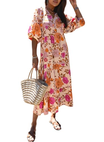 miduo Womens Maxi Dress Casual V Neck Summer Short Sleeve Floral Bohemian Boho Beach Long Dresses Ankle Dresses L - Image 1