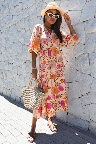 miduo Womens Maxi Dress Casual V Neck Summer Short Sleeve Floral Bohemian Boho Beach Long Dresses Ankle Dresses L - Image 2