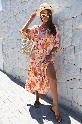 miduo Womens Maxi Dress Casual V Neck Summer Short Sleeve Floral Bohemian Boho Beach Long Dresses Ankle Dresses L - Image 4
