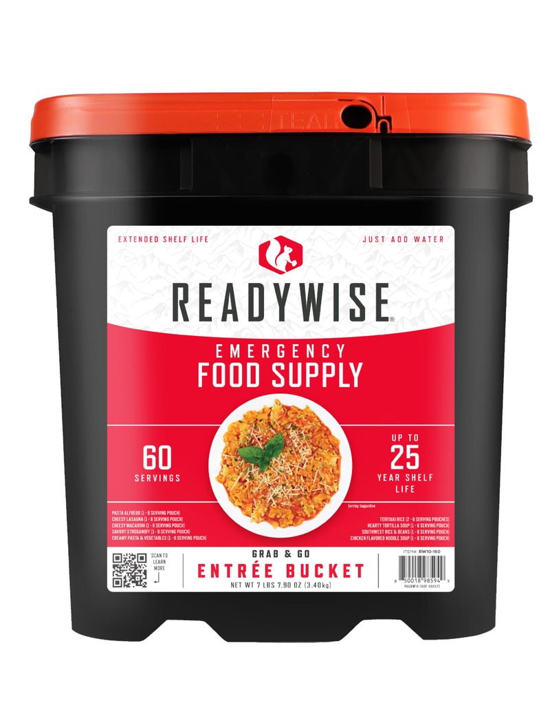 ReadyWise Entrée Bucket - 60 Servings, Emergency Food Supply for Survival Kit, Protein Meals, Freeze Dried Food, Ready to Eat Camping & Road Trip Essentials, up to 25 Year Shelf Stable Life - Image 1