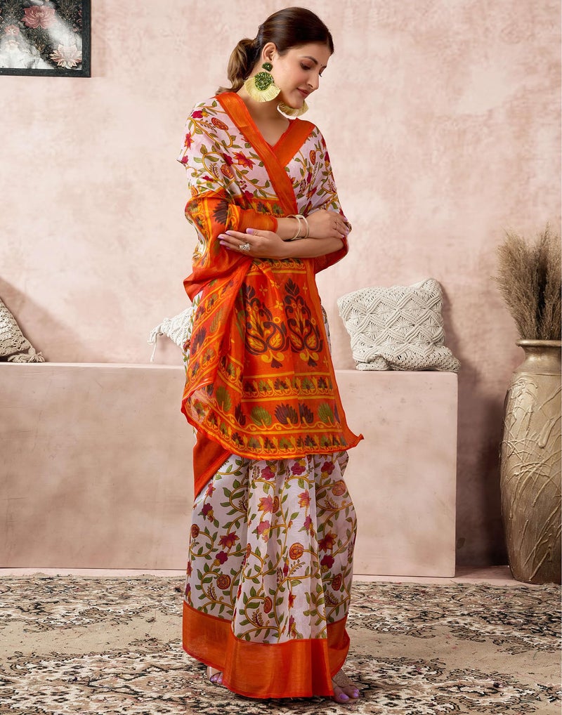 SIRIL Women's Cotton Blend Printed Saree With Unstitched Blouse Piece (4418S188_Orange) - Image 3