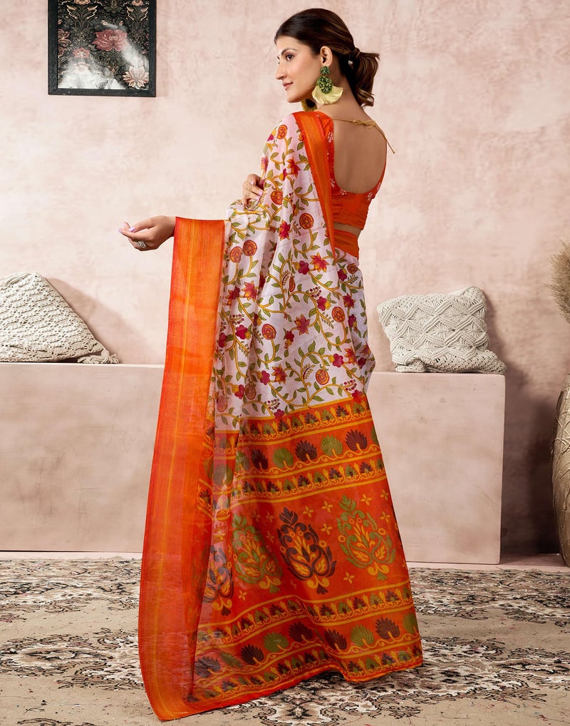 SIRIL Women's Cotton Blend Printed Saree With Unstitched Blouse Piece (4418S188_Orange) - Image 4