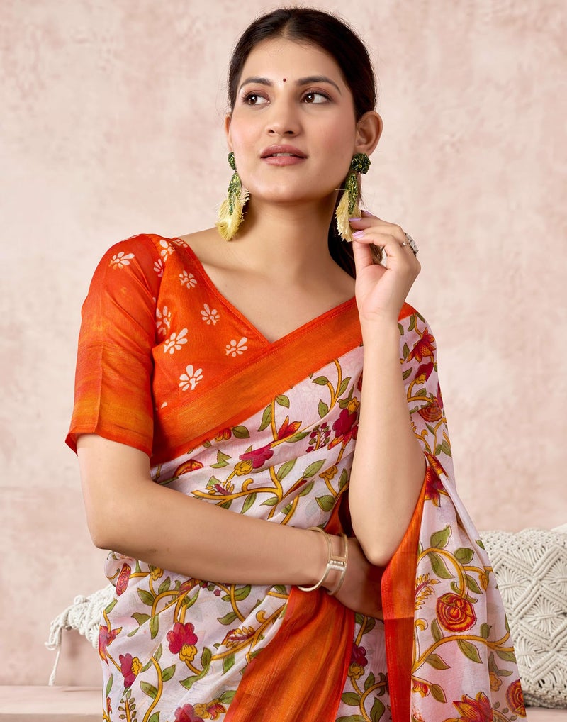 SIRIL Women's Cotton Blend Printed Saree With Unstitched Blouse Piece (4418S188_Orange) - Image 5