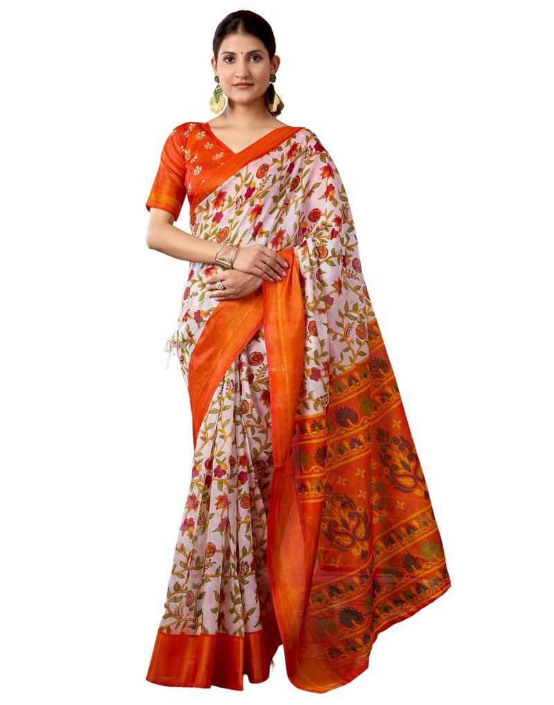 SIRIL Women's Cotton Blend Printed Saree With Unstitched Blouse Piece (4418S188_Orange) - Image 1