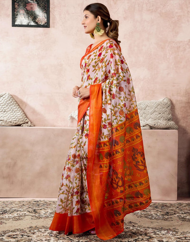 SIRIL Women's Cotton Blend Printed Saree With Unstitched Blouse Piece (4418S188_Orange) - Image 2