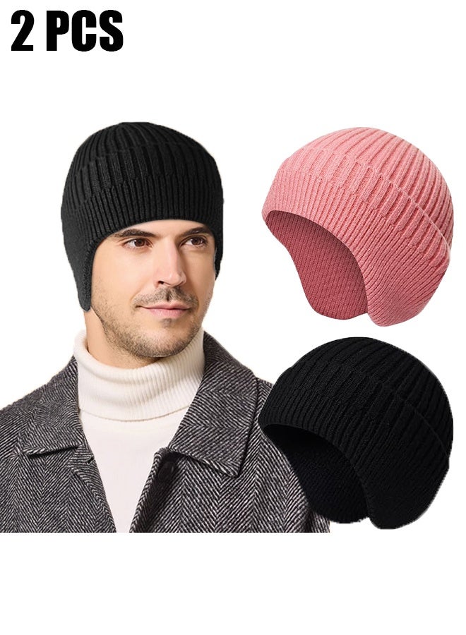 اتش واي قطعتان من قبعات الشتاء مع أغطية للأذن للرجال والنساء، قبعة شتوية للزوجين، قبعة محبوكة ناعمة ودافئة وقابلة للتنفس، قبعة بأغطية للأذن دافئة، مناسبة للجنسين للنشاطات الخارجية - Image 1