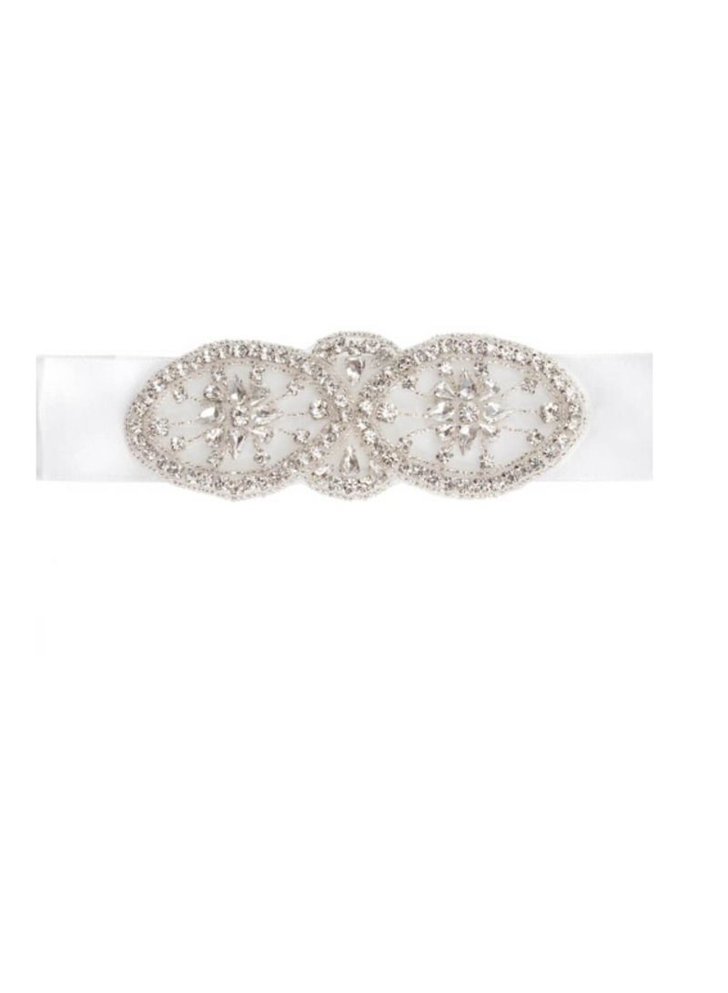 Wedding Dress Belts White Satin Sash w/Crystal Rhinestone Design  - Image 2