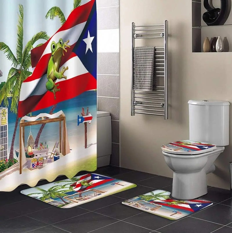 Bluejw 4 Pcs Shower Curtain Sets Puerto Rico Flag Waterproof  Bathroom Set with Non-Slip Rugs Toilet Lid Cover Bath Mat - Image 1