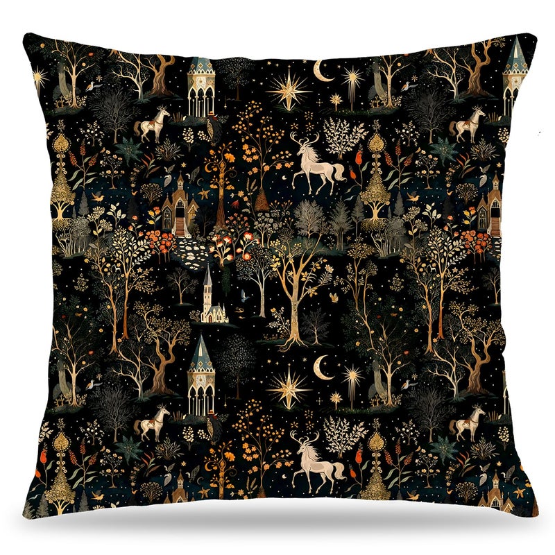 LUKIPOM Medieval Dark Gothic Forest Pillow Covers 18x18 Double-Sided, Cottagecore Room Home Decor, Boho Witchy Celestial Whimsical Forest Horse Castle Botanical Decorative Throw Pillow Covers - Image 1