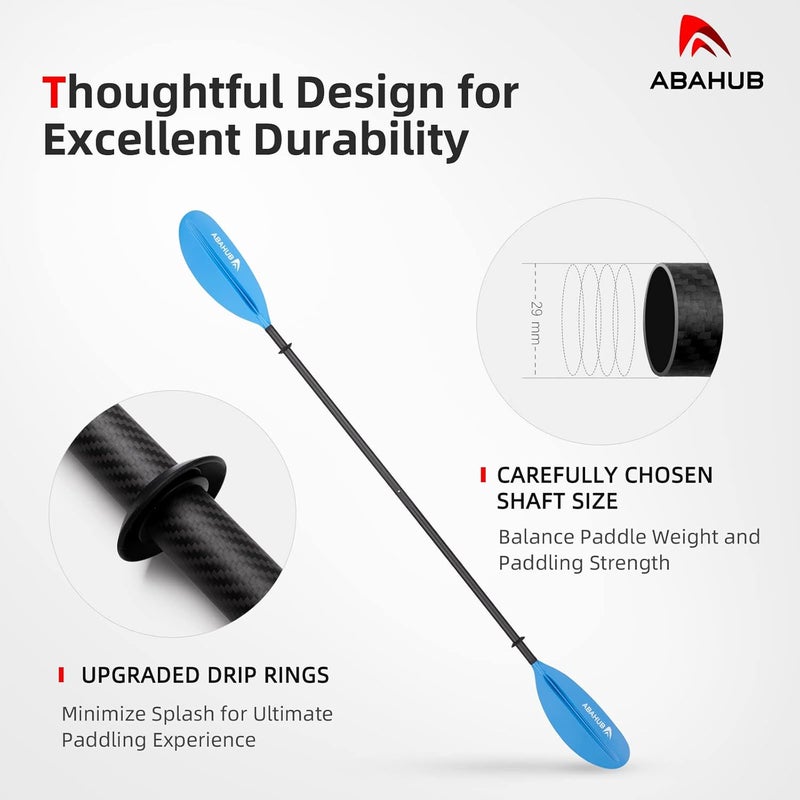 Abahub 1 x Carbon Kayak Paddles, 90.5 Inches Kayaking Oars for Boating, Canoeing with Free Paddle Leash, Carbon Fiber Shaft Black/Blue/Green/Orange/Yellow/White/Red Plastic Blades - Image 4