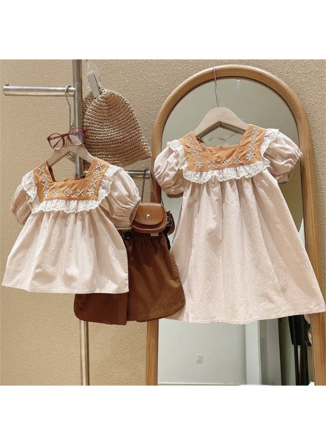Ayada Home Girls 2PCS Floral Embroidery Set, Lace Trim Puff Sleeve Peplum Top + Brown Shorts - Image 4