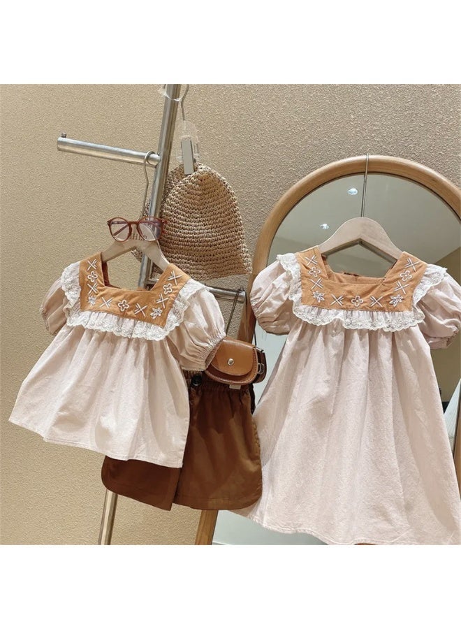 Ayada Home Girls 2PCS Floral Embroidery Set, Lace Trim Puff Sleeve Peplum Top + Brown Shorts - Image 1