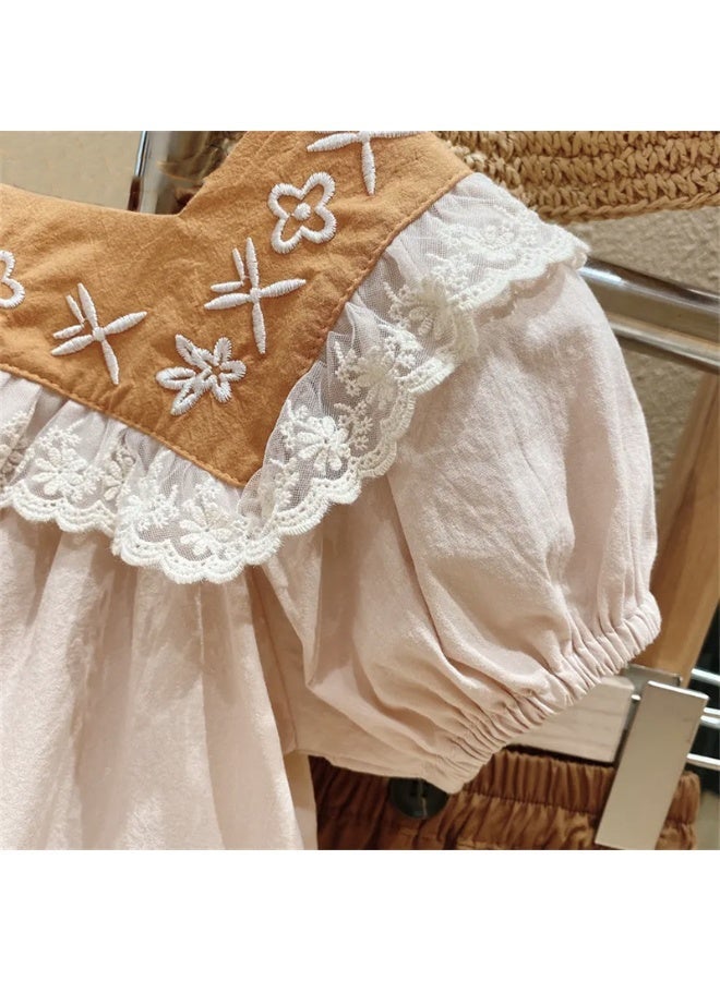 Ayada Home Girls 2PCS Floral Embroidery Set, Lace Trim Puff Sleeve Peplum Top + Brown Shorts - Image 3