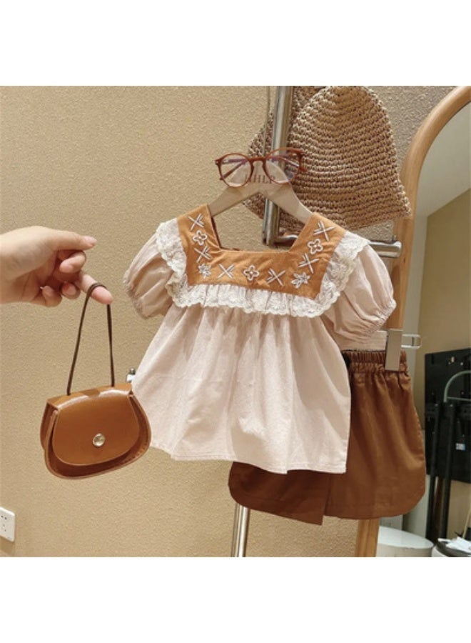 Ayada Home Girls 2PCS Floral Embroidery Set, Lace Trim Puff Sleeve Peplum Top + Brown Shorts - Image 2