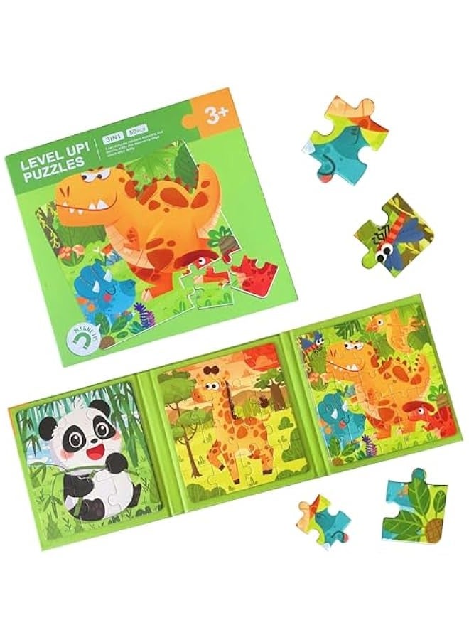 Wooden Magnetic Sliding Puzzles for Kids Ages 3 and Up, 3 in 1 Cartoon Jigsaw Puzzle Book (Dinosaurs, Pandas, Giraffes), 3 Pieces Each - Image 1