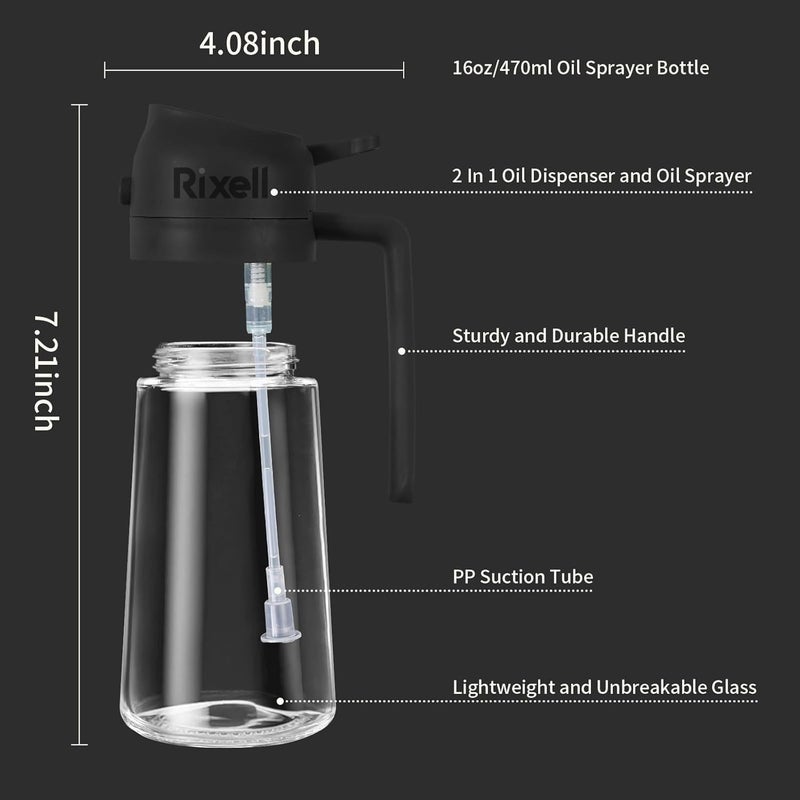 RIXELL Glass Oil Sprayer and Dispenser Bottle, 500ml Capacity, 2-in-1 Design, Black - Image 3
