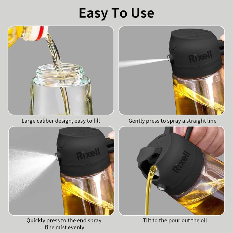 RIXELL Glass Oil Sprayer and Dispenser Bottle, 500ml Capacity, 2-in-1 Design, Black - Image 4