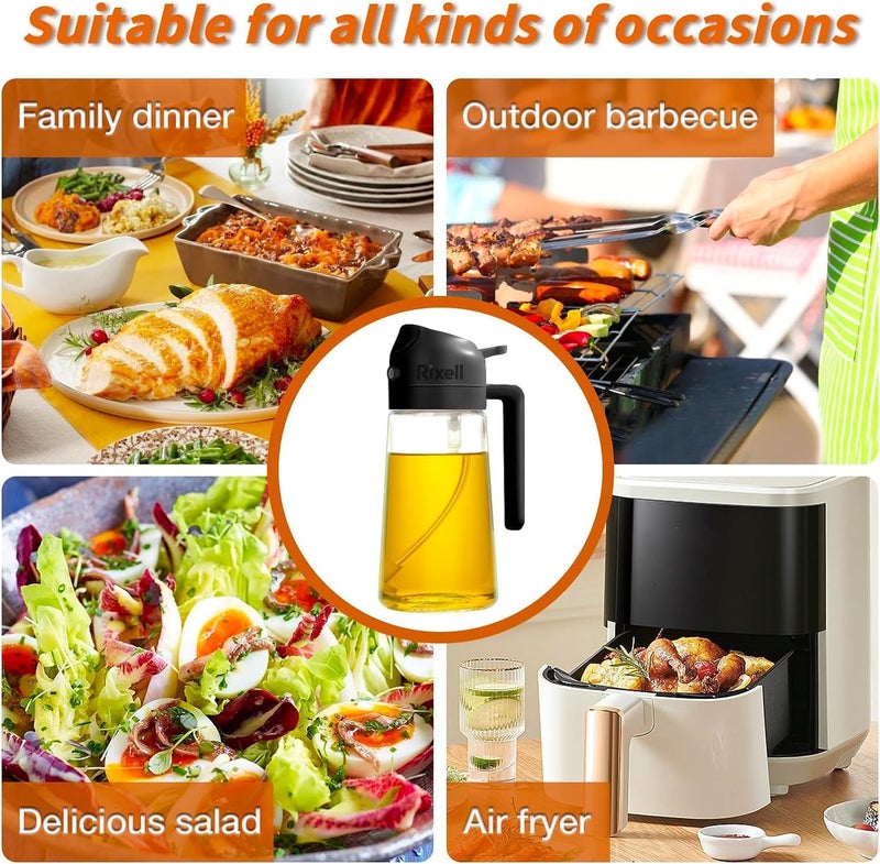 RIXELL Glass Oil Sprayer and Dispenser Bottle, 500ml Capacity, 2-in-1 Design, Black - Image 5