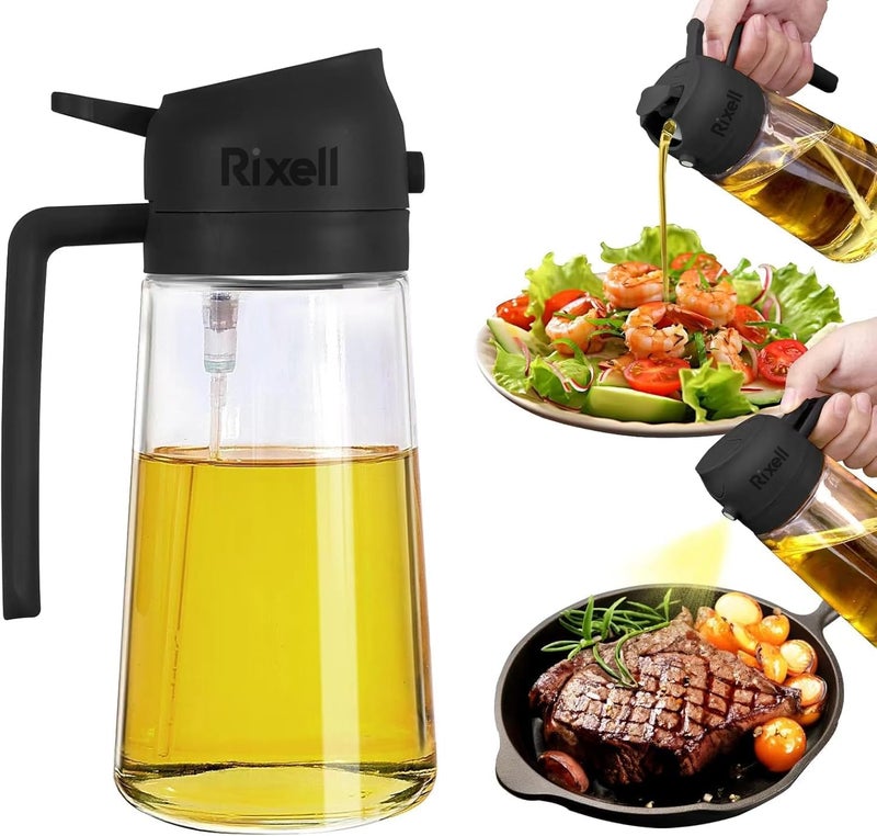 RIXELL Glass Oil Sprayer and Dispenser Bottle, 500ml Capacity, 2-in-1 Design, Black - Image 1