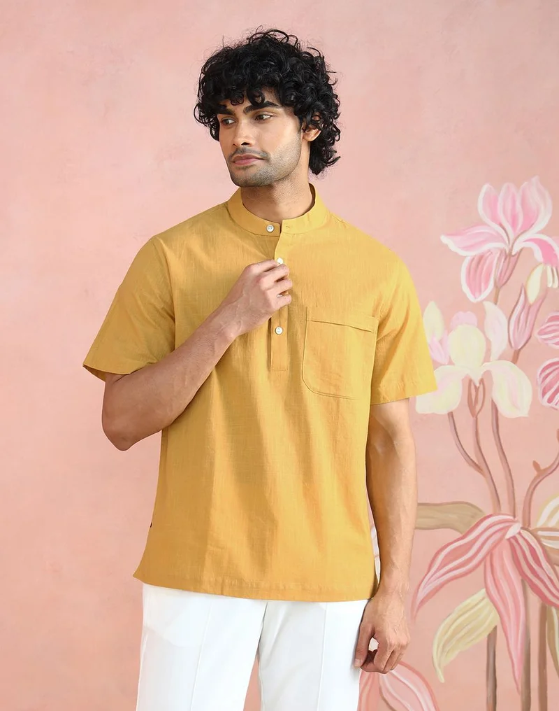 فاب انديا Yellow Cotton Mid Placket Shirt