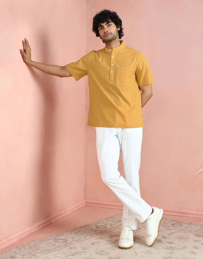 Fabindia  Yellow Cotton Mid Placket Shirt for Men | Best Price UAE