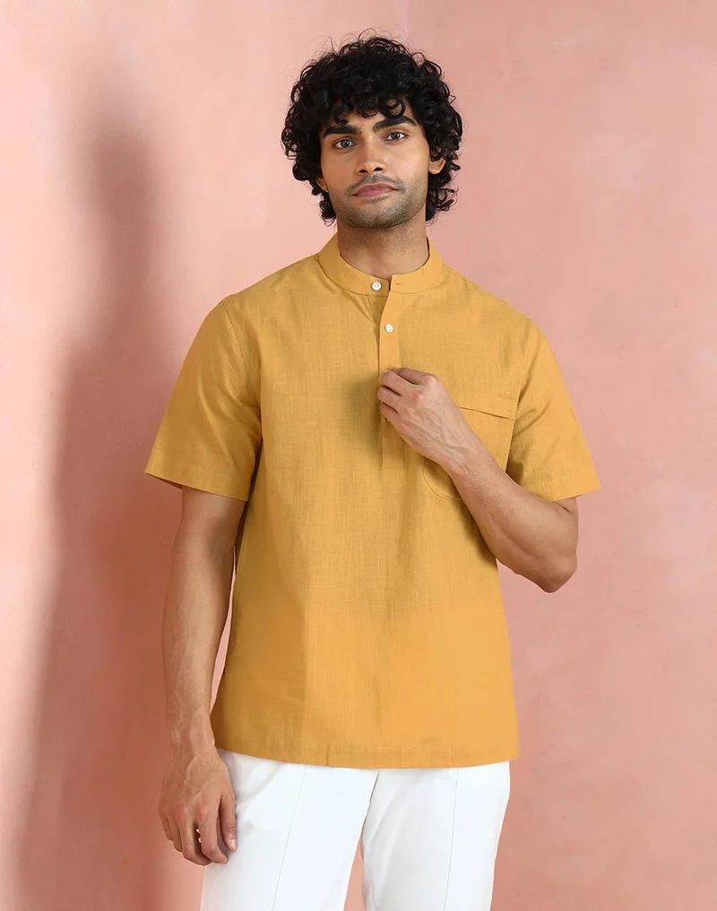 فاب انديا Yellow Cotton Mid Placket Shirt