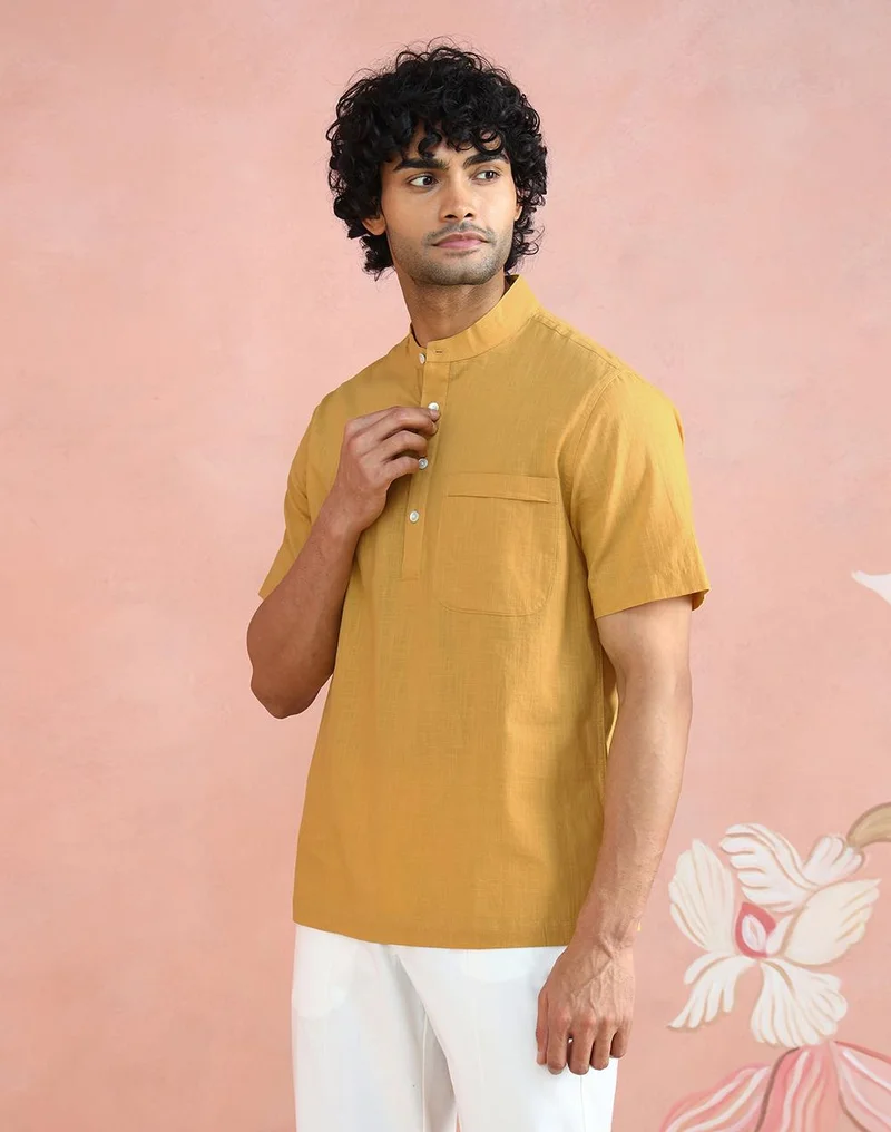 Fabindia  Yellow Cotton Mid Placket Shirt for Men | Best Price UAE