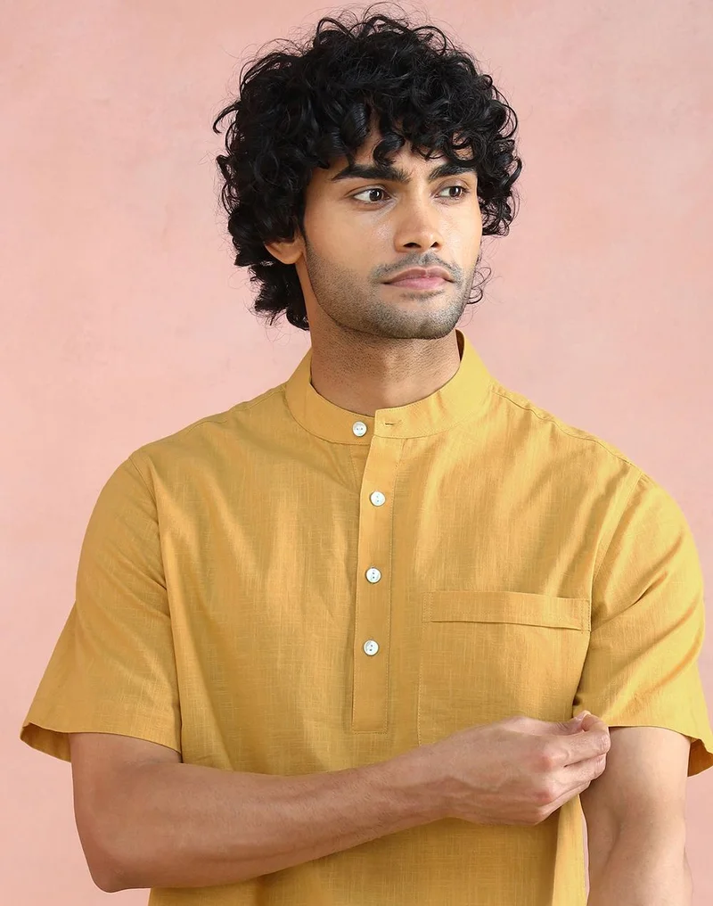 Fabindia  Yellow Cotton Mid Placket Shirt for Men | Best Price UAE