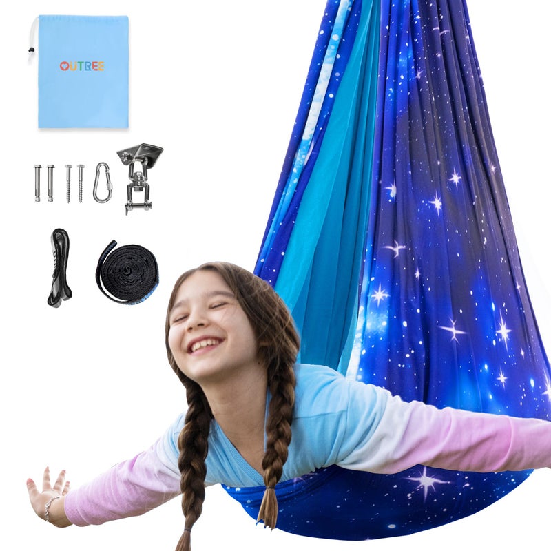 OUTREE Sensory Swing for Kids is Equipped with 360 Swivel Hanger Kit and Adjustable StrapsA StarrySky Printed DoubleLayered Hammock an Autism Sensory Product Ideal for ChildrenBlue