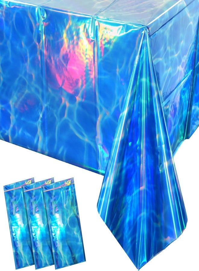 KEASKELL 3Pcs Iridescent Ocean Waves Party Tablecloth Decorations,54x108 inch Blue Under The Sea Plastic Table Cover Disposable Rectangle Table Cloth for Baby Shower Summer Beach Pool Birthday Party Supplies - Image 1