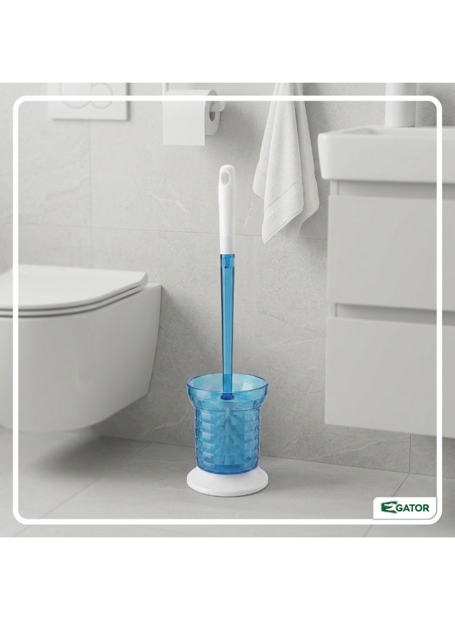 Gator Toilet Brush with Holder | Transparent Caddy | Long Ergonomic Handle | Hygienic Covered Storage | Deep-Clean Bathroom Scrubbing Brush for Home, Hotel & Office Bathrooms | Blue & White - Image 5