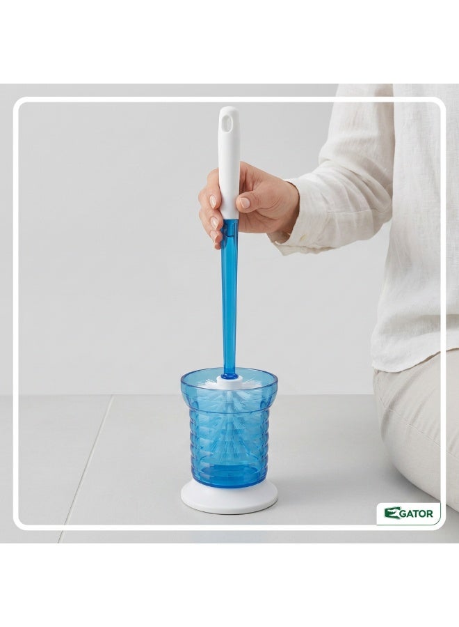 Gator Toilet Brush with Holder | Transparent Caddy | Long Ergonomic Handle | Hygienic Covered Storage | Deep-Clean Bathroom Scrubbing Brush for Home, Hotel & Office Bathrooms | Blue & White - Image 4