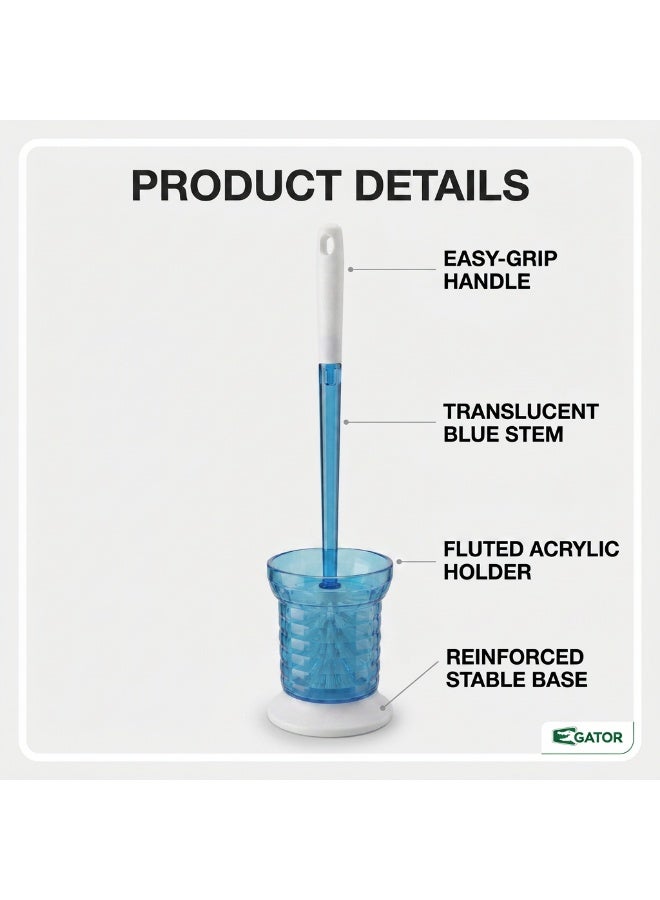 Gator Toilet Brush with Holder | Transparent Caddy | Long Ergonomic Handle | Hygienic Covered Storage | Deep-Clean Bathroom Scrubbing Brush for Home, Hotel & Office Bathrooms | Blue & White - Image 2