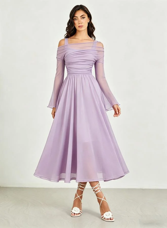 Take Two Lilac Chiffon Cold-Shoulder Sleeve Midi Dress