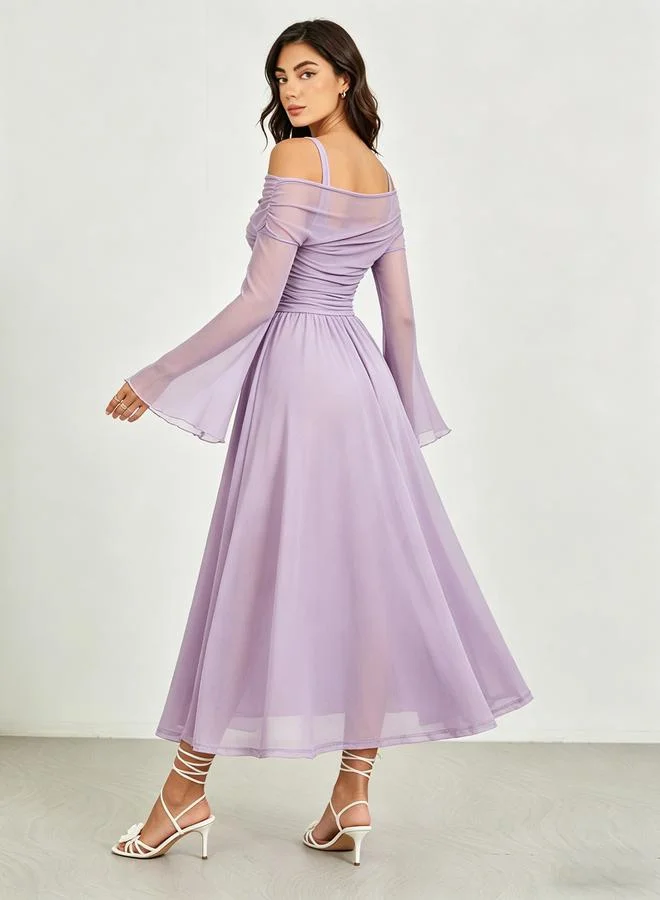 Take Two Lilac Chiffon Cold-Shoulder Sleeve Midi Dress