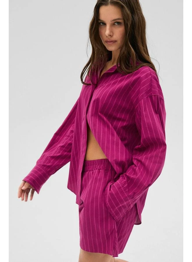 LIYA Women's Oversize 100% Cotton Shorts and Shirt Fuchsia Striped Top-Bottom Set.