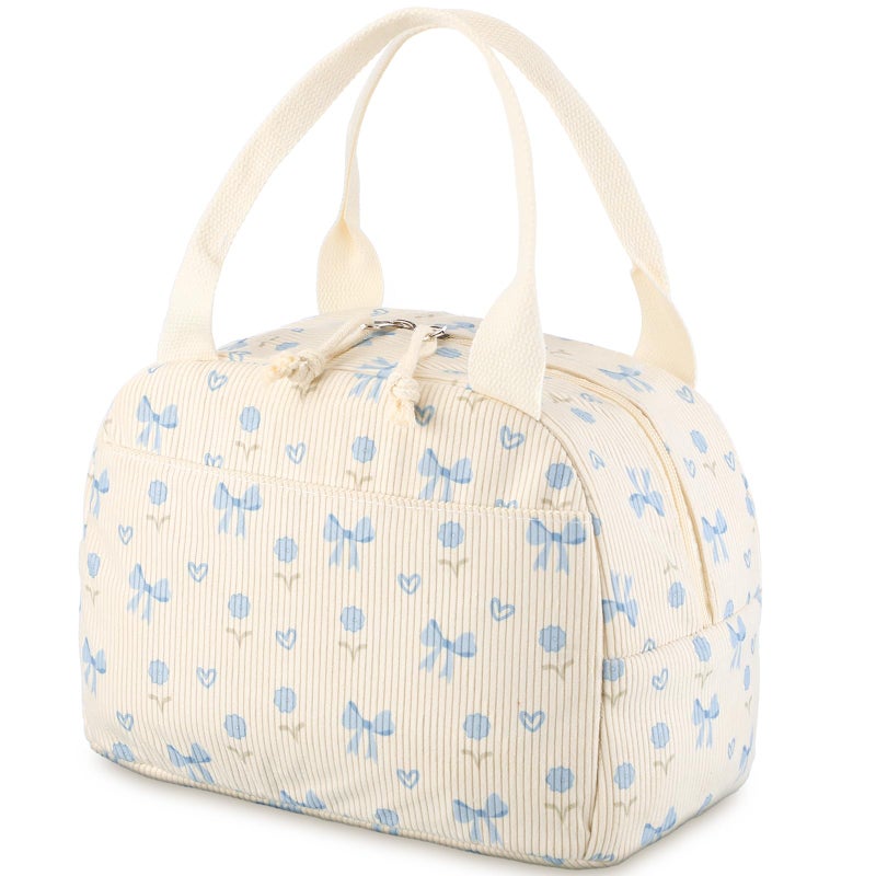 Dansydaisy Blue Bow and Flower Lunch Bag Cute Corduroy Insulated Lunch Box for Women Coquette Tote Bag Reusable Large Capacity Cooler Containers Preppy Stuff Gifts for Picnics Travel Outdoor - Image 1