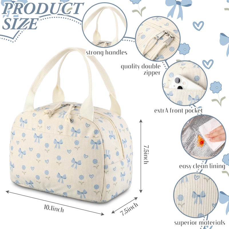 Dansydaisy Blue Bow and Flower Lunch Bag Cute Corduroy Insulated Lunch Box for Women Coquette Tote Bag Reusable Large Capacity Cooler Containers Preppy Stuff Gifts for Picnics Travel Outdoor - Image 2