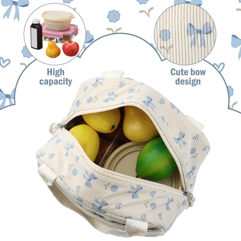 Dansydaisy Blue Bow and Flower Lunch Bag Cute Corduroy Insulated Lunch Box for Women Coquette Tote Bag Reusable Large Capacity Cooler Containers Preppy Stuff Gifts for Picnics Travel Outdoor - Image 4