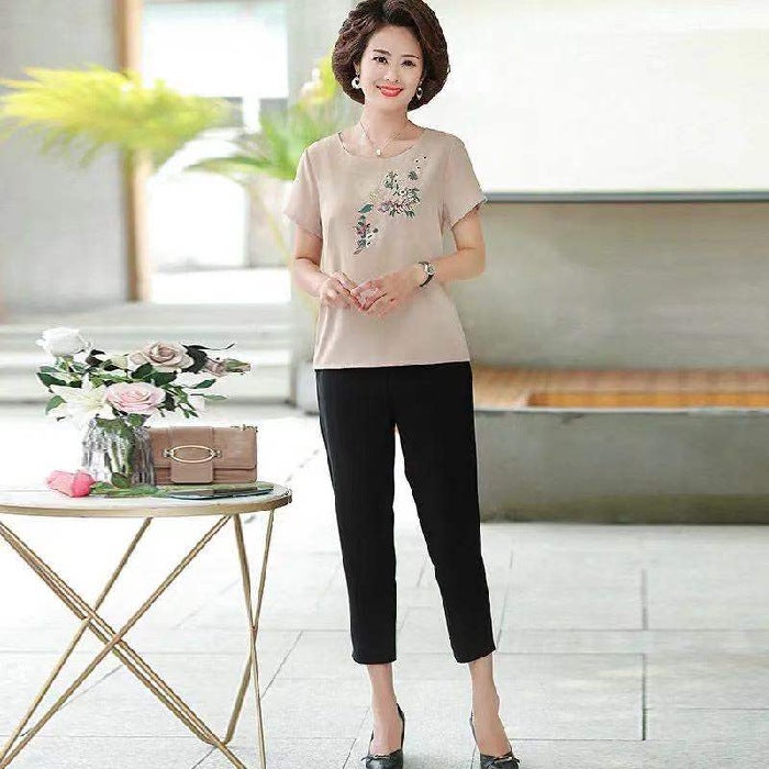 Middle-Aged Mother Summer Suit Two-Piece Set Style Foreign Style Age-Reducing Middle-Aged And Elderly Short-Sleeved T-Shirt For Women 40 And 50 - Image 1