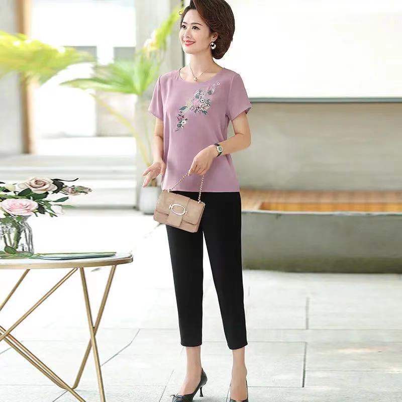 Middle-Aged Mother Summer Suit Two-Piece Set Style Foreign Style Age-Reducing Middle-Aged And Elderly Short-Sleeved T-Shirt For Women 40 And 50 - Image 5