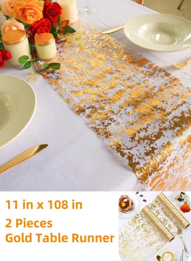 أجناس 2 قطعة من مفرش المائدة الذهبي، مفرش معدني رفيع مزين بالترتر اللامع، مقاس 11 بوصة × 108 بوصة، زينة ذهبية للمائدة لحفلات المناسبات، حفلات الزفاف، حفلات أعياد الميلاد، عيد الميلاد - Image 1