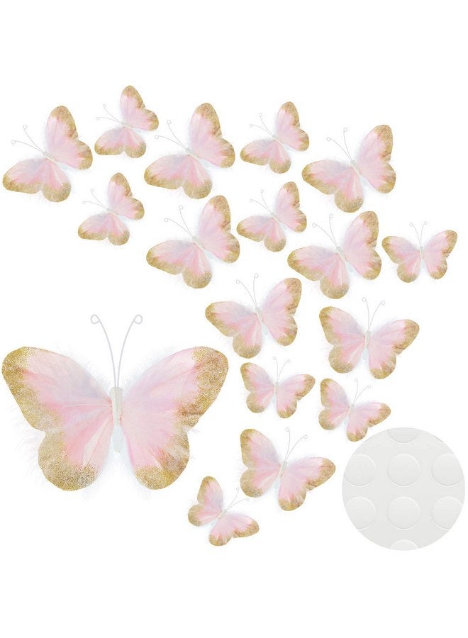 مايتيز 16 قطعة من ملصقات الحائط على شكل فراشة ثلاثية الأبعاد من الريش الذهبي اللامع لتزيين الغرف والمكاتب وغرف النوم والحمامات وغرف المعيشة (وردي فاتح) - Image 1