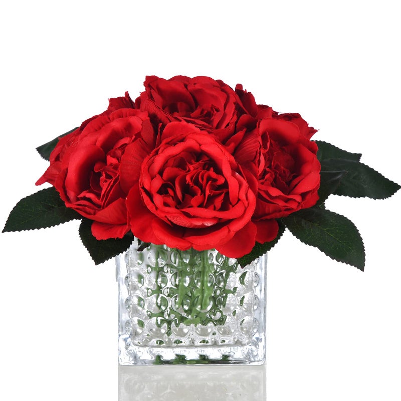 GreenHouzz Artificial Peony Silk Flower Centerpieces Faux Floral Arrangement in Glass Vase for Home Wedding Table Decoration Red