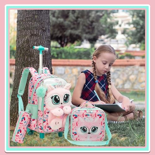 Meetbelify Rolling Backpack for Girls 3D Carton Backpack with Wheels for Elementary Student Kids Plush School Bag with Lunch Box Pencil Case for Girls Ages 6-8 Years Old Pink - Image 4
