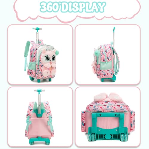 Meetbelify Rolling Backpack for Girls 3D Carton Backpack with Wheels for Elementary Student Kids Plush School Bag with Lunch Box Pencil Case for Girls Ages 6-8 Years Old Pink - Image 3