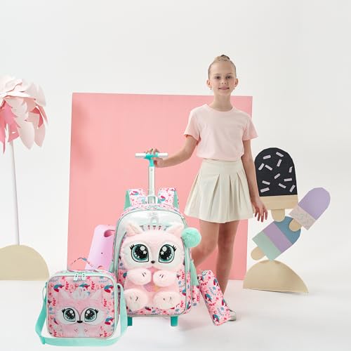 Meetbelify Rolling Backpack for Girls 3D Carton Backpack with Wheels for Elementary Student Kids Plush School Bag with Lunch Box Pencil Case for Girls Ages 6-8 Years Old Pink - Image 5