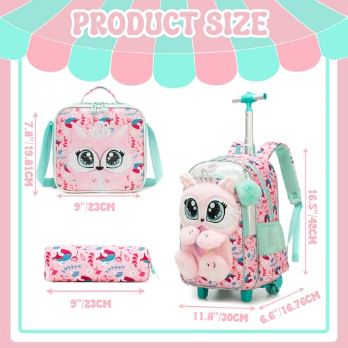 Meetbelify Rolling Backpack for Girls 3D Carton Backpack with Wheels for Elementary Student Kids Plush School Bag with Lunch Box Pencil Case for Girls Ages 6-8 Years Old Pink - Image 2
